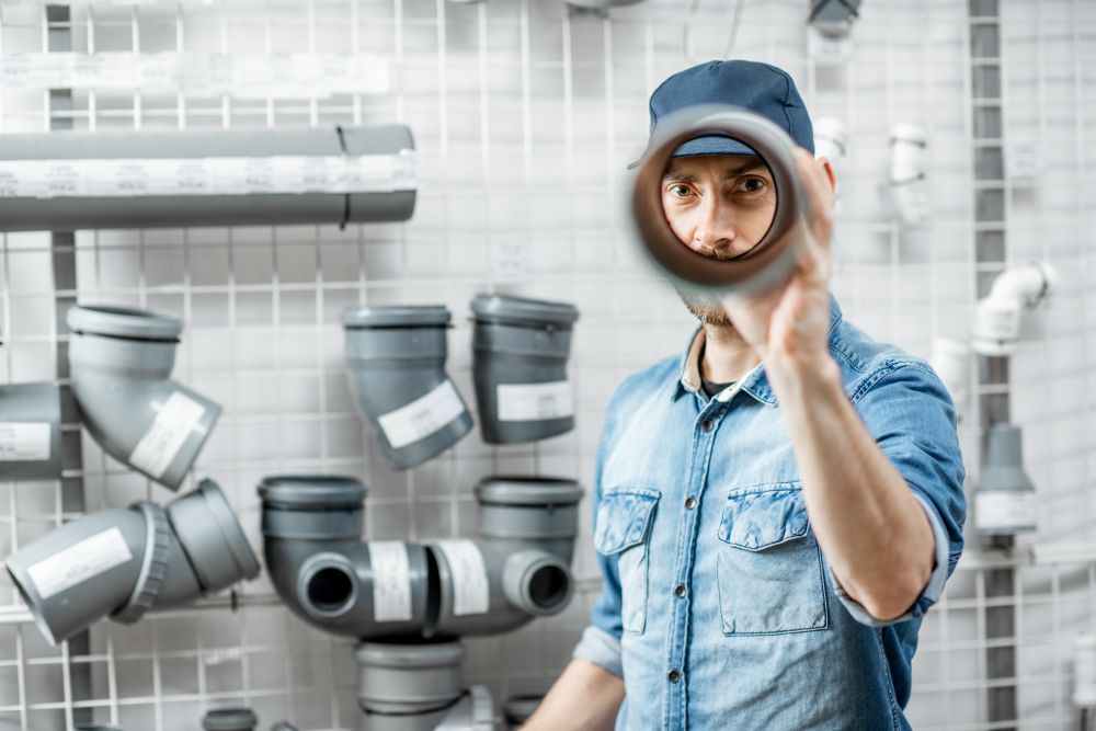 Funny portrait of a handsome workman choosing sewer pipes standing near the showcase of the plumbing shop