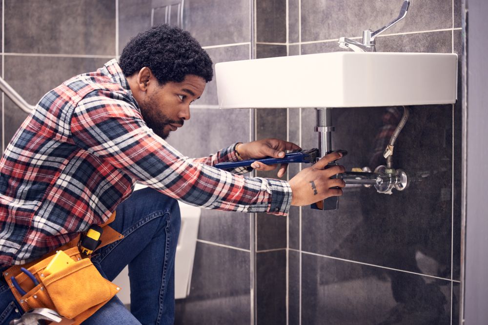 Black man, plumber and maintenance in bathroom, fixing sink pipe with wrench and plumbing industry